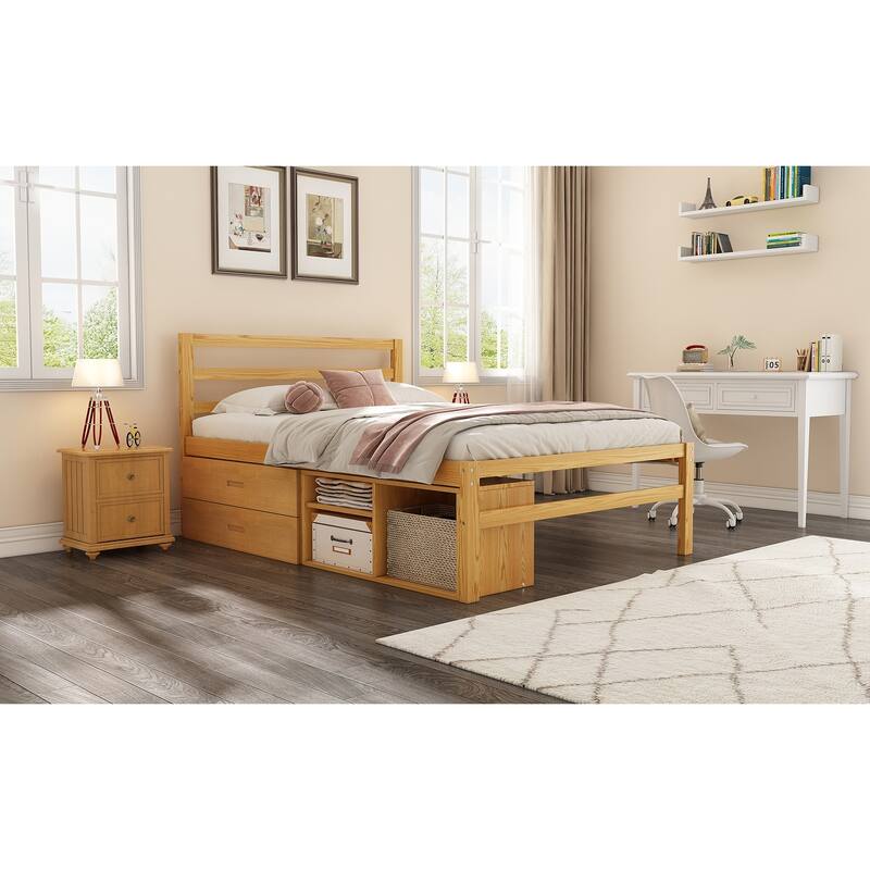 Full Size Wood Bed with Removable Shelves & 2 Storage Drawers