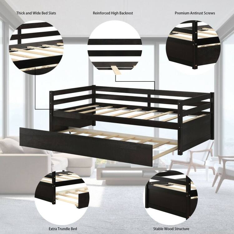 Metal Twin Size Trundle Platform Bed Frame with Wooden Slat Support and Space-Saving Design