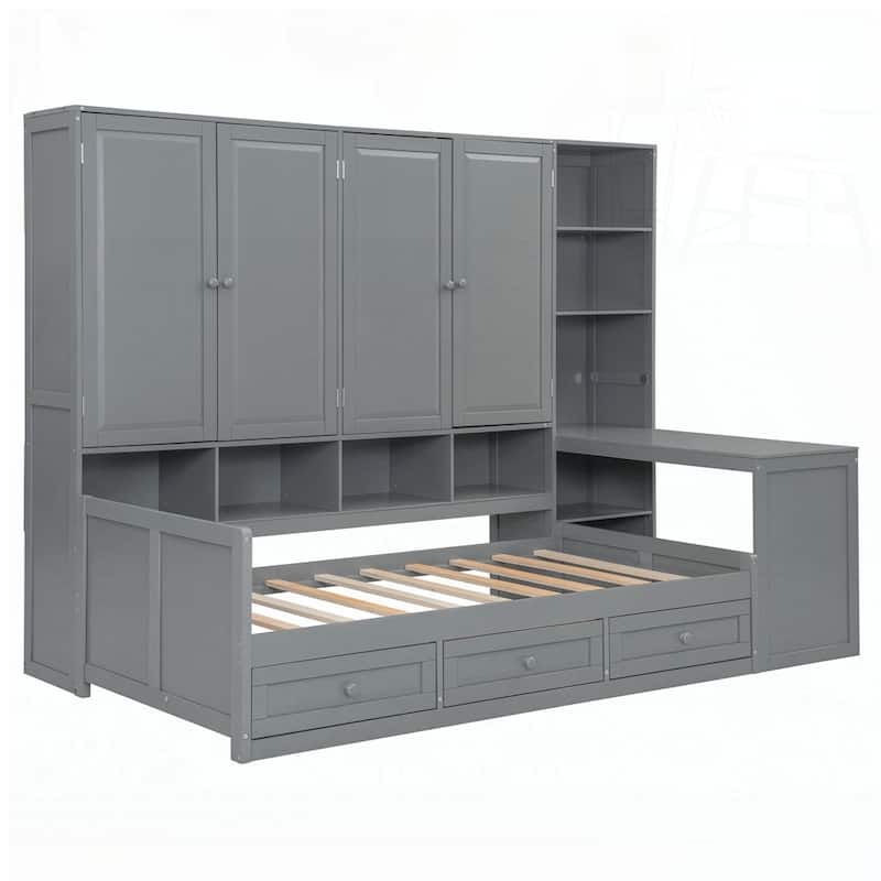 Wooden Daybed With Three Drawers and All-in-One Cabinet