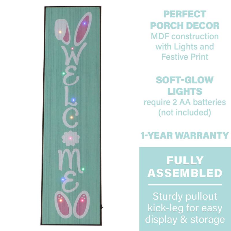 Fraser Hill Farm 45-In. WELCOME Porch Leaner Sign w/Battery-Operated LED Lights & Bunny Ears, Festive Spring Decoration, Blue