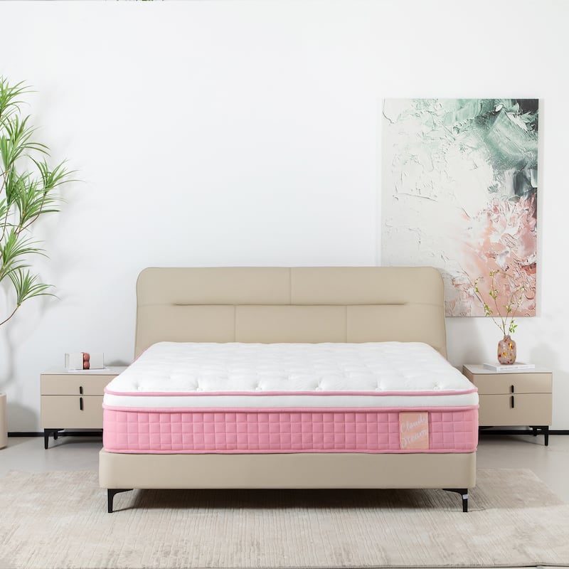 GDFStudio - Isolde 12 Inch Queen Size Pocket-Coil Memory Foam Mattress with Breathable Knitted Fabric - Queen - Medium - Pink