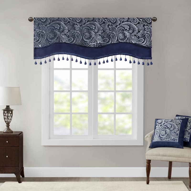 Madison Park Whitman Jacquard Window Rod Pocket Valance with Beads - 50 x 18" - Navy