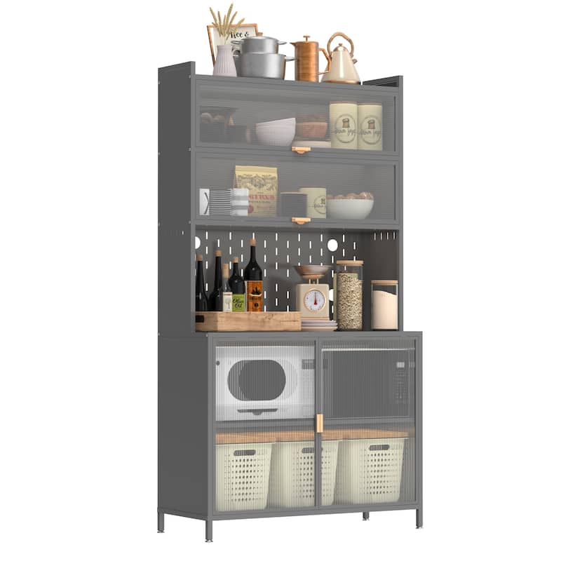 Tall Kitchen Pantry Cabinet Storage Cabinet with 6 Level Flip Door, Pegboard Metal Buffet Cabinet, Anti-Tip Hutch