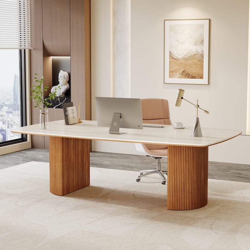 78.74" Extra Long Executive Computer Desk, Home Office Study Workstation Desk Collaboration Boss Desk - White+Brown