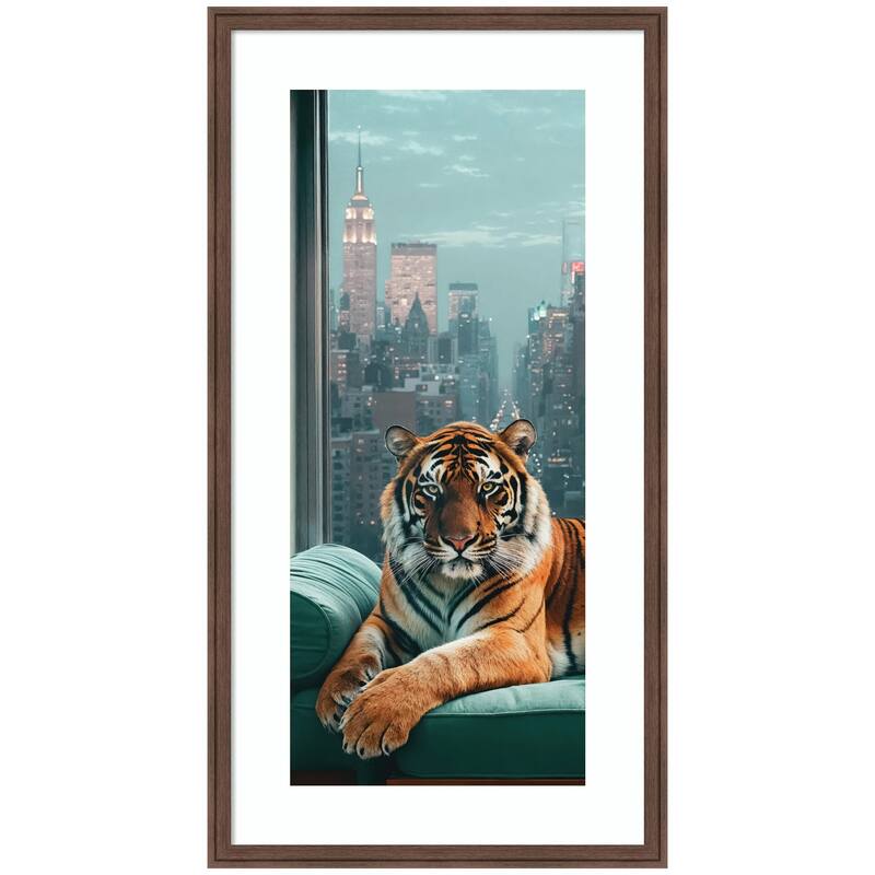 Kate and Laurel Framed Art Graceful Tiger in New York Panel by Michael Schauer - 22x42 - Brown