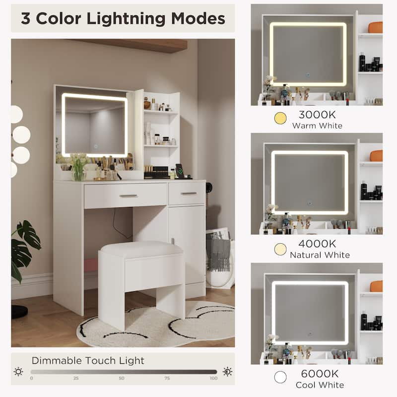 Makeup Vanity Set, Vanity Desk with Stool, LED Light Mirror and Charging Station