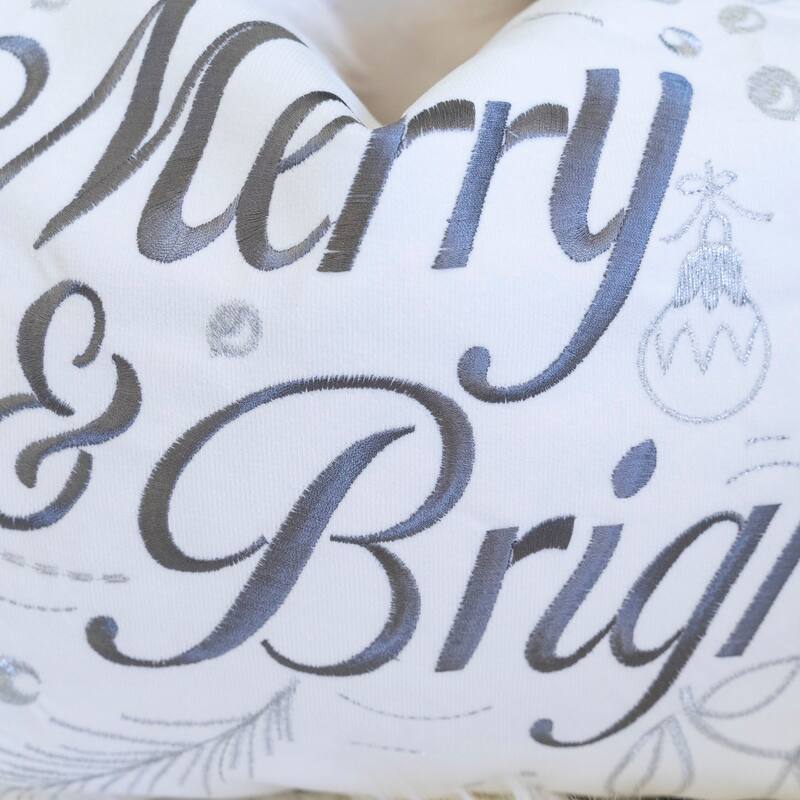 Merry & Bright Christmas Throw Pillow - 14x20" White and Silver Embroidered Velvet Lumbar Cushion