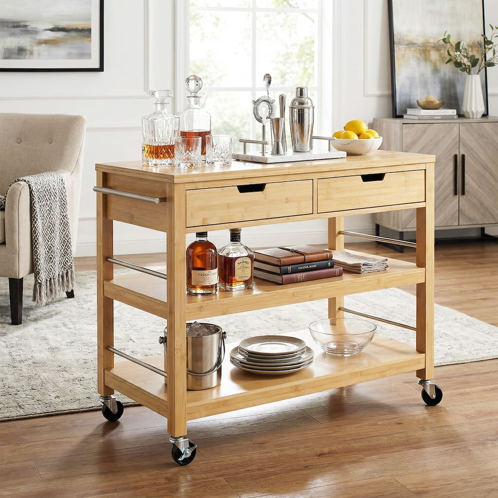 Christopher Knight Home - 50"W Bamboo Outdoor Rolling Bar Cart with Drawers & Shelves