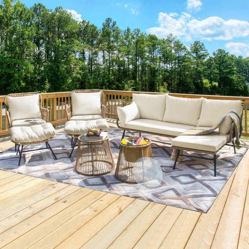 8-Piece Outdoor Boho Wicker Patio Furniture Set, L-Shaped Sectional Sofa with 2 Chairs, 2 Ottomans & Ice Bucket Table