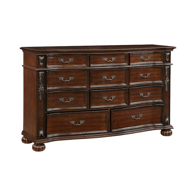 Nami 66 Inch Dresser, 11 Dovetail Drawers, Metal Handles, Cherry Brown Wood