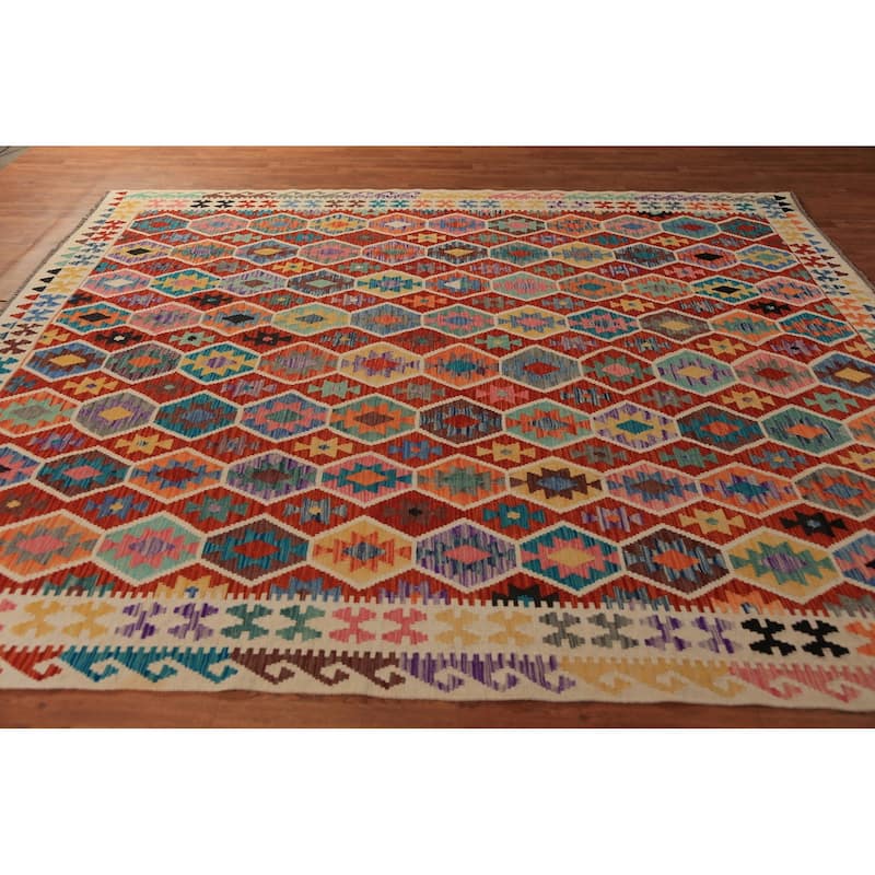 Orange Geometric Kilim Oriental Area Rug Hand-Woven Wool Carpet - 8'10"x 9'10"