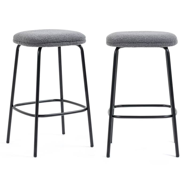 Set of 2 Ayana Gray Boucle Backless Counter Stool with Black Iron Legs