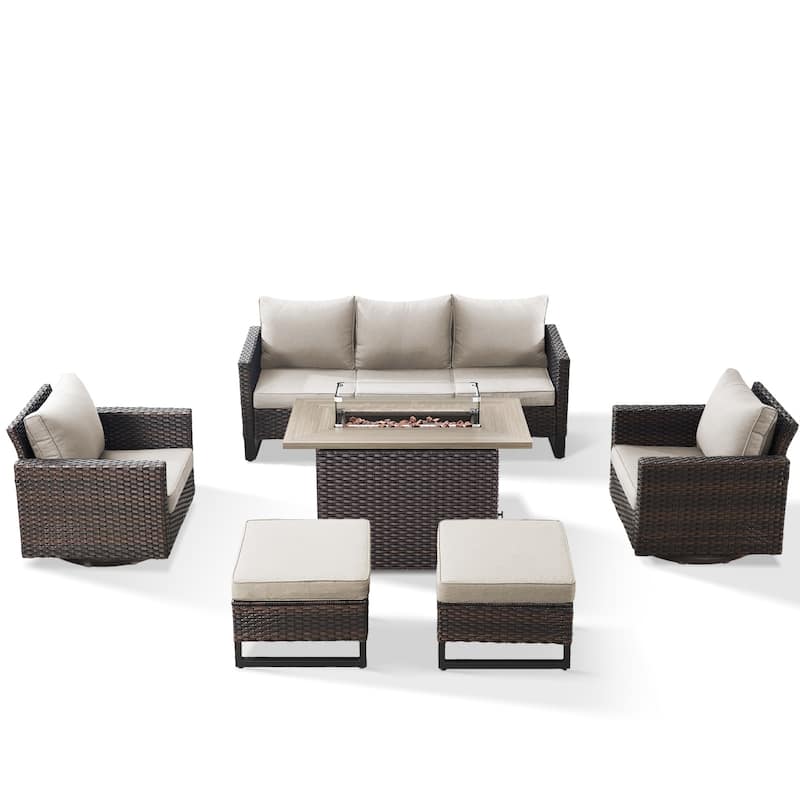 Patio Sofa 2 Swivel Chairs Ottomans and Fire Table Brown-Beige - Brown