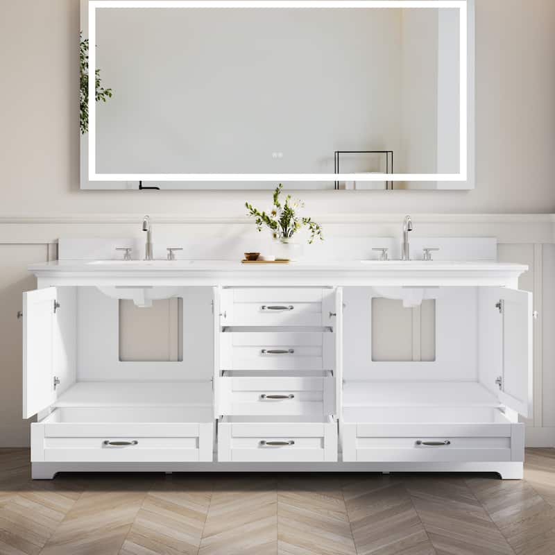 80''W Solid Wood Frame Bathroom Vanity With Pure White Culutered Marble Countertop And Double Sink