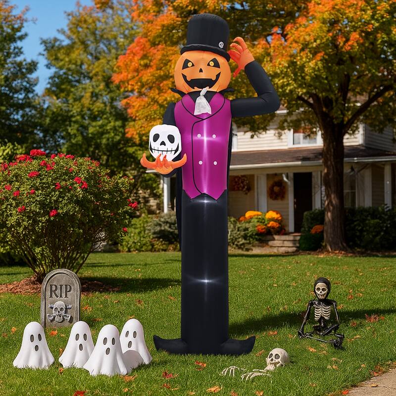 12 Feet Halloween Inflatable Pumpkin Man with Skull LED Lights for Outdoor or Indoor Decoration