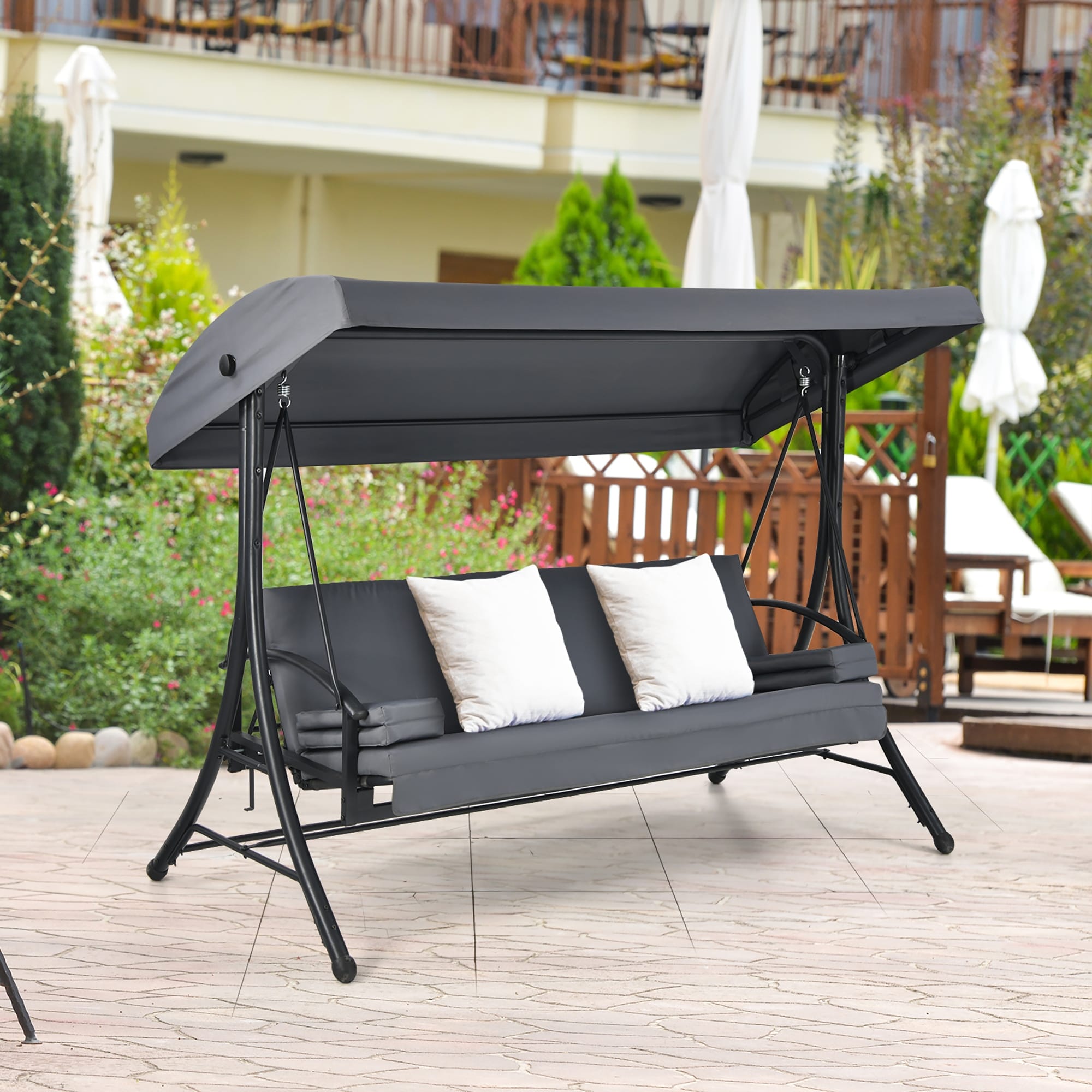 Costway  Patio 3-Seat Porch Canopy Swing Converting Grey Cushion Pillow - See details