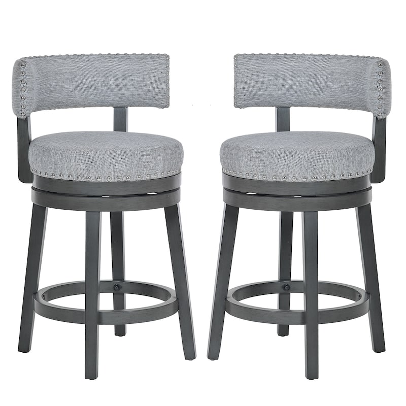 Modern Velvet Swivel Bar Stool - 25" or 30" Counter Height with Adjustable Footrest & Walnut Base, for Kitchen Islands - Set of 2 - Grey - Counter Height