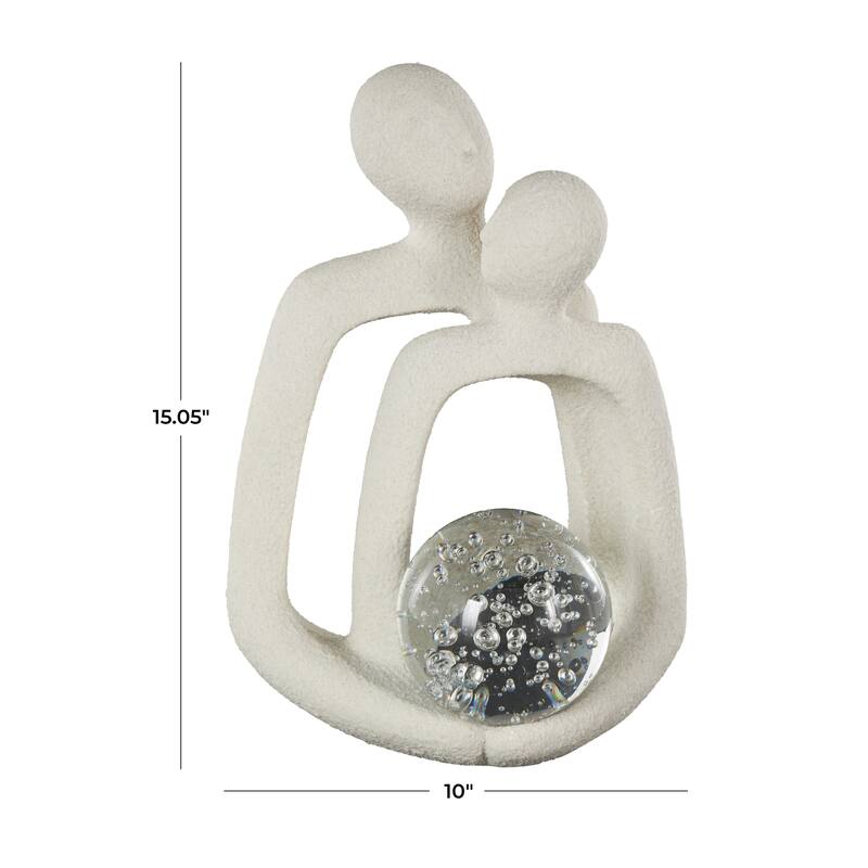White Polystone Abstract Textured People Decorative Sculpture with Clear Glass Bubble Textured Orb and Black Speckles