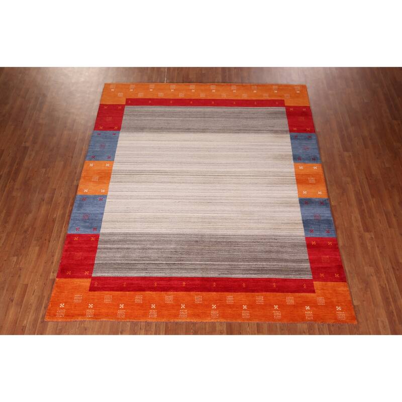 Striped Gabbeh Indian Area Rug Handmade Oriental Beige Wool Carpet - 8'4" x 9'8"