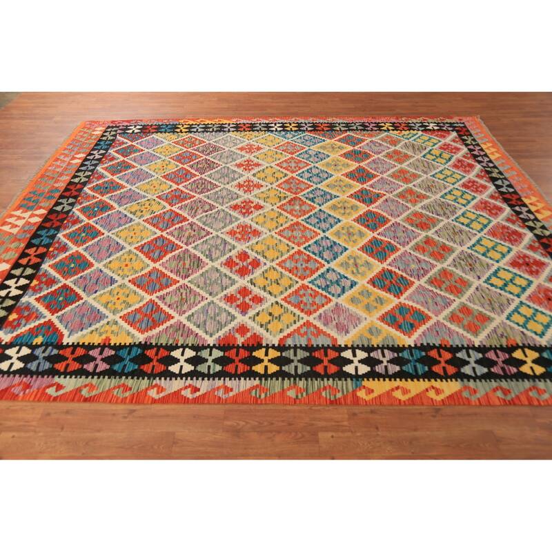 All-Over Trellis Geometric Kilim Area Rug Hand-Woven Wool Carpet - 8'4" x 9'8"