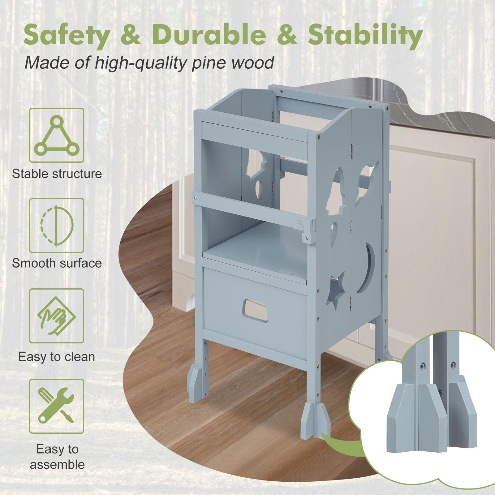 Kinbor Foldable Kitchen Child Standing Tower Learning Step Stool Helper with Safety Rail Drawing Board