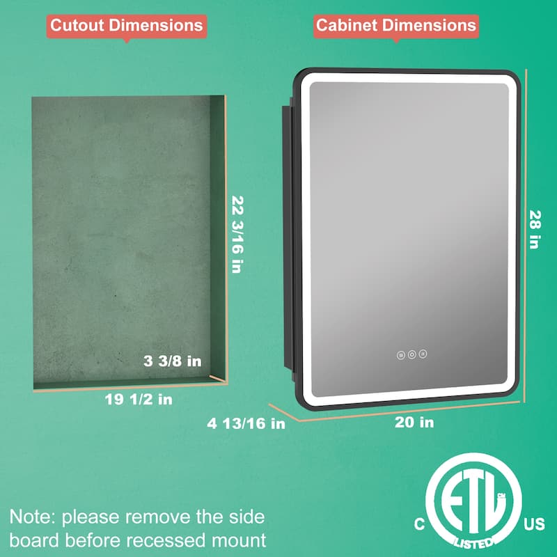 Milo LED Iron Medicine Cabinet with Mirror, Dimmable, Anti-fog, Adjustable Glass Shelves, Recessed or Surface Mount