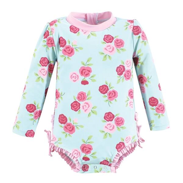 slide 1 of 1, Hudson Baby Girls Rashguard Baby Swimsuit, Mint Pink Roses 12-18 Months - Mint Pink Roses Baby