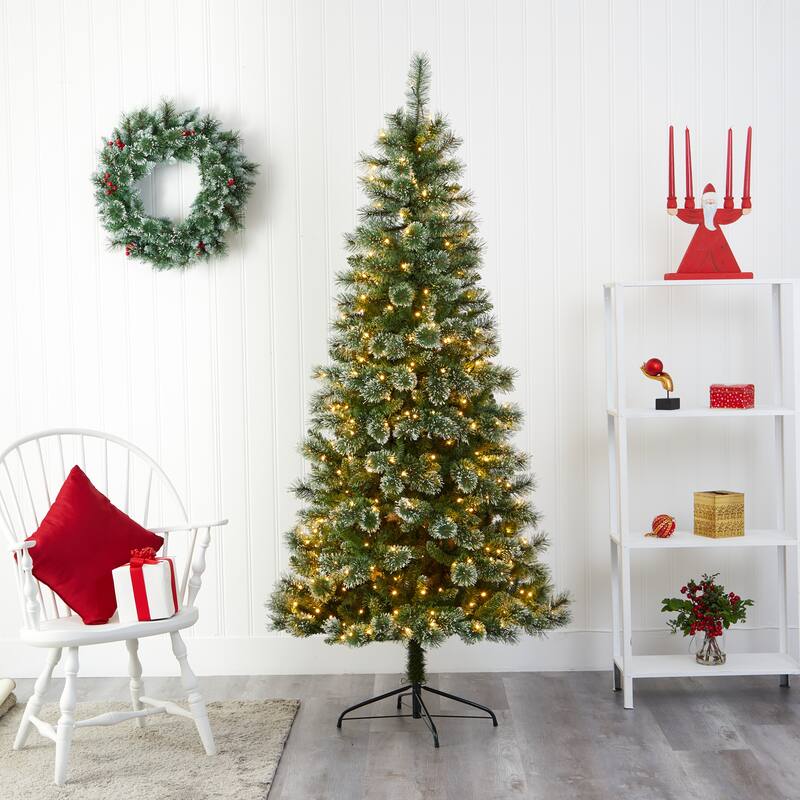 7’ Pre-Lit Wisconsin Slim Snow Tip Pine Artificial Christmas Tree, Clear LED Lights - 8 Foot