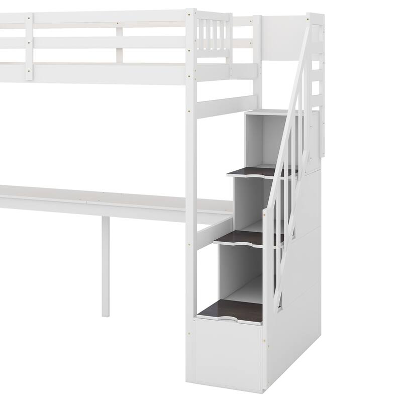 Twin Size Loft Bed with Storage Staircase and Built-in Desk, Space-Saving Solid Wood Twin Bed Frame with Full-Length Guardrail