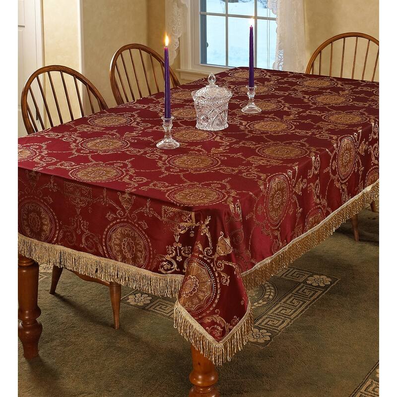 Violet Linen Prestige Medallion Damask Pattern, Polyester Jacquard, with Fringes, Tablecloth - 52" by 70" - Burgundy