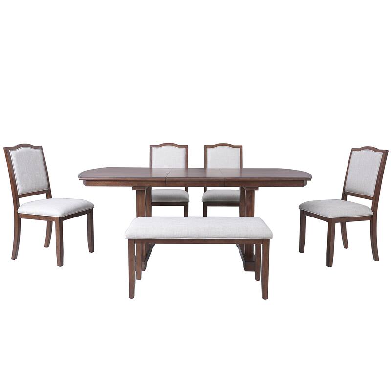 6 Piece Extendable Wood Dining Table Set w/ 4 Upholstered Chair,Bench