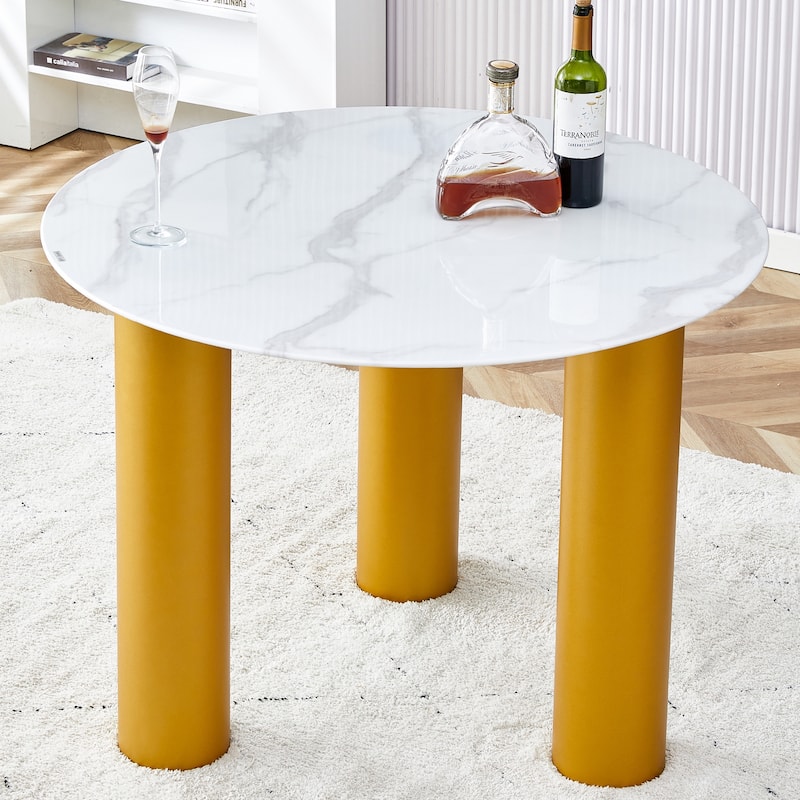 Roomfitters Round Dining Table with Faux Marble Glass Top and Golden MDF Legs for Kitchen or Living Room, White - White