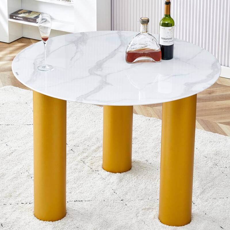 Round white dining table, artificial marble glass stickers, golden MDF legs, kitchen dining table, living room dining table - White