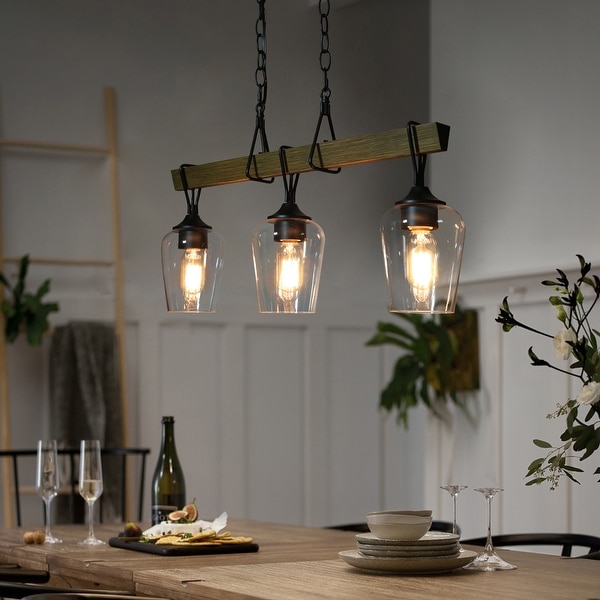 Zarbel Modern Farmhouse Faux Wood Linear Chandelier Rustic 3 Light Black Metal Kitchen Island Lights with Bottle Glass On Sale Bed Bath Beyond 35419847