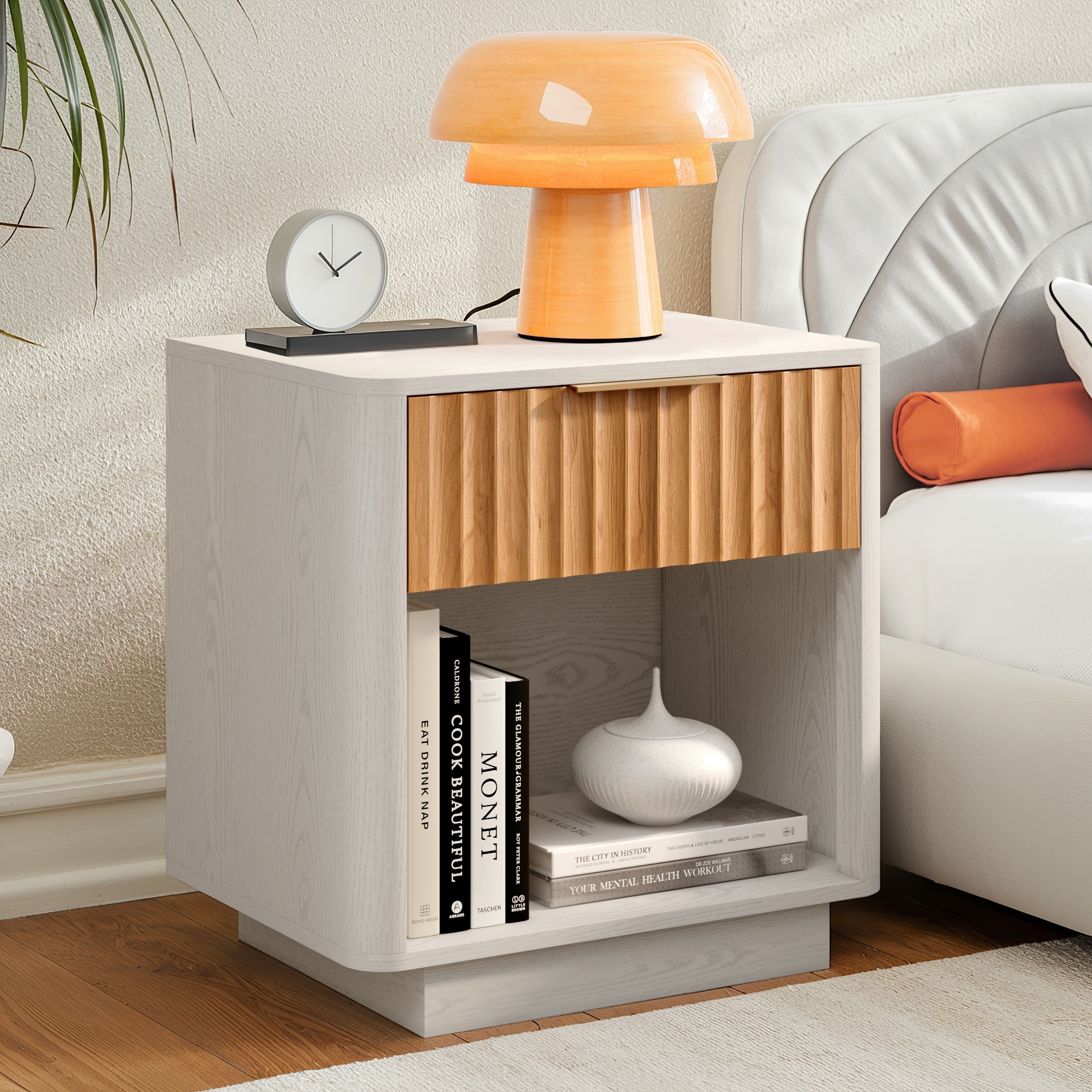 Contemporary Nightstand with Fluted Drawers and Open Storage