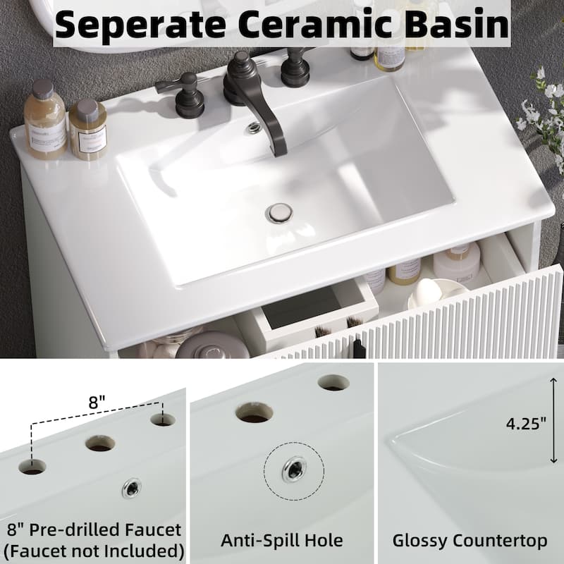 30" Fluted Bathroom Vanity with Ceramic Sink - Soft-Close Full-Extension Drawers
