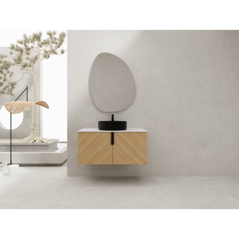 36" Wall-Mounted Bathroom Vanity With Ceramic Art Sink, and Storage Shelves, Soft-Close Door, KD-Packing, Plywood