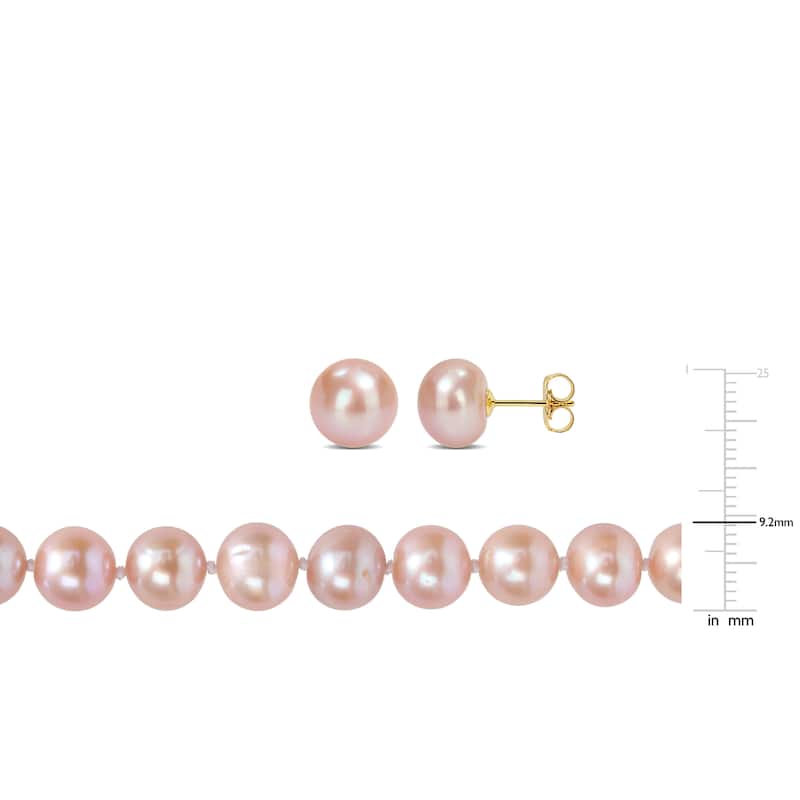 Miadora Freshwater Cultured Pink Pearl Beaded Pearl Necklace and Earrings set in 14k Yellow Gold