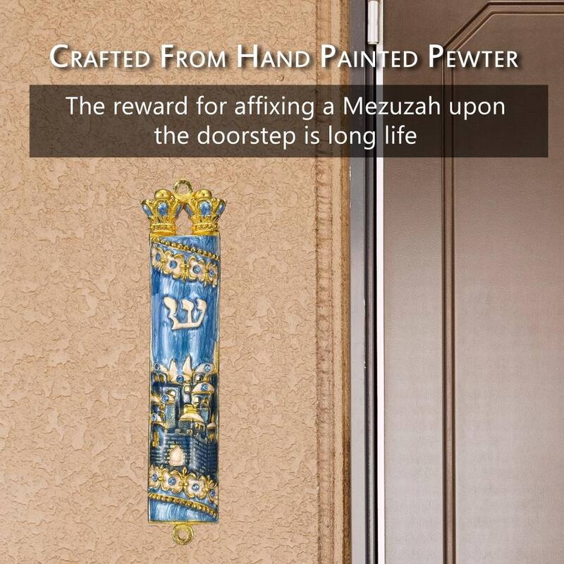 Matashi Hand Painted Blue Enamel Mezuzah with Jerusalem City Design with Gold Accents and High Quality Crystals