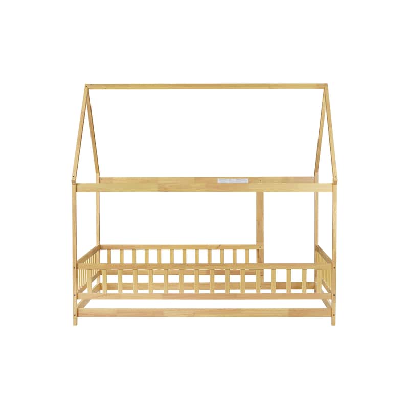 Full Size House Floor Wooden Bed with Roof Frame