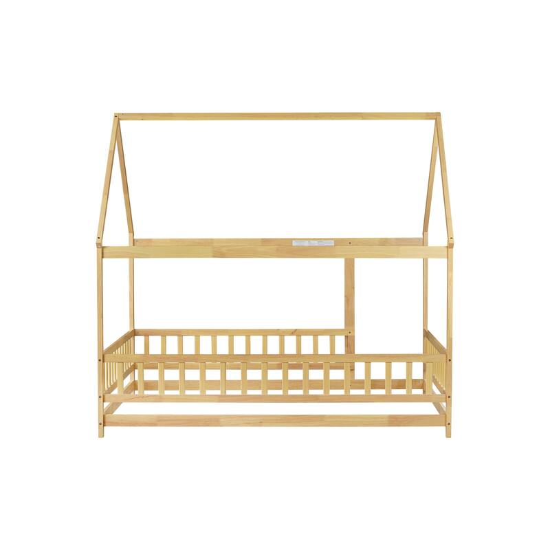Full Size Wooden House Floor Bed with Roof Frame and Safety Guardrails, Natural Finish