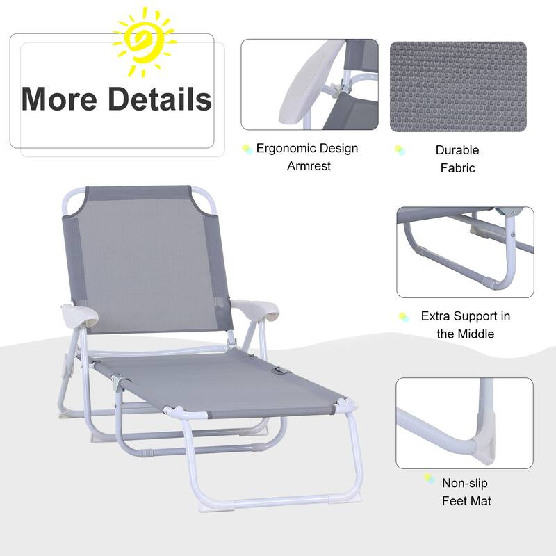 Folding Outdoor Chaise Lounge Chair with 4-Position Adjustable Backrest and Armrests for Beach Poolside or Patio