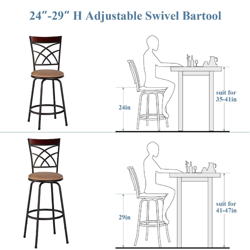 VECELO Round Seat Bar Stools with Adjustable Height(Set of 2) - Brown Finish
