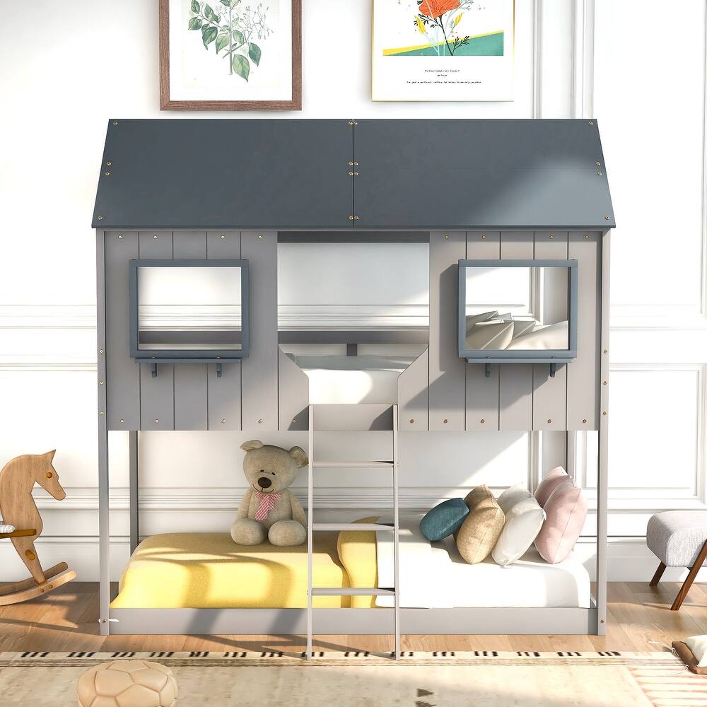 Bunk Bed Wood Bed with Roof, Window, Guardrail, Ladder