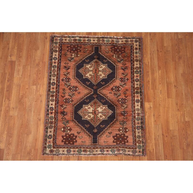 Tribal Pink Shiraz Persian Vintage Area Rug Handmade Wool Carpet - 3'7"x 4'7"