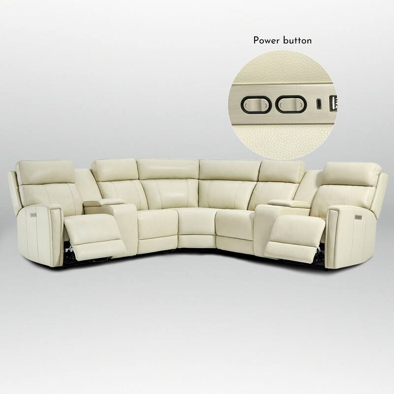 Genuine Leather Power Recliner Sectional Sofa with Ajustable Headrest, USB&USB-C Port