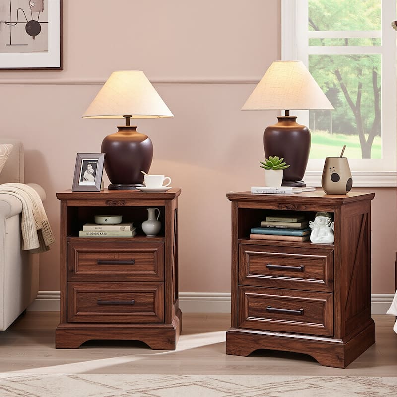 Farmhouse Nightstand Set of 2 with Charging Station, End Table - Brown