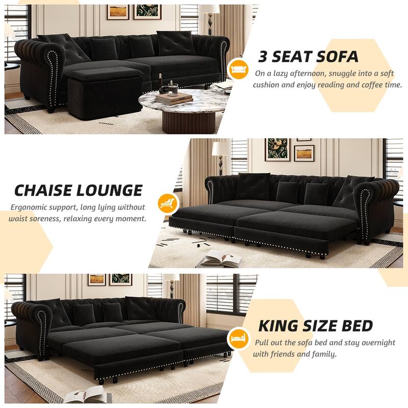 89" Chesterfield Pull Out Sofa Bed - Velvet 3-in-1 Convertible Sleeper with Chaise & Ottoman, King Size Sleeper Sofa