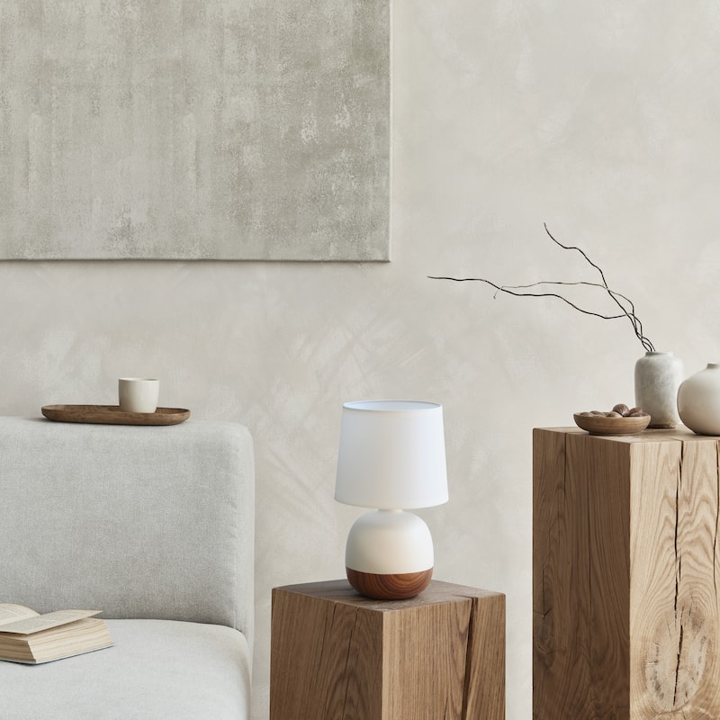 Simple Designs Petite Mid Century Table Lamp, Dark Wood and Light Gray - N/A