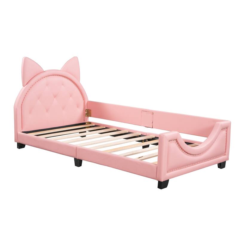 Pink Twin Upholstered Daybed with Carton Ears Headboard, Low-Profile Modern Design